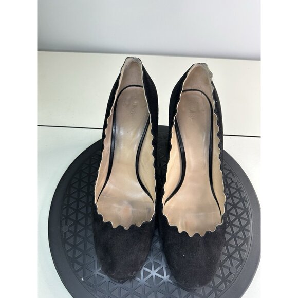 Chloe Black Suede Scalloped Round Toe Block Heels Sz 40.5 - Picture 4 of 9